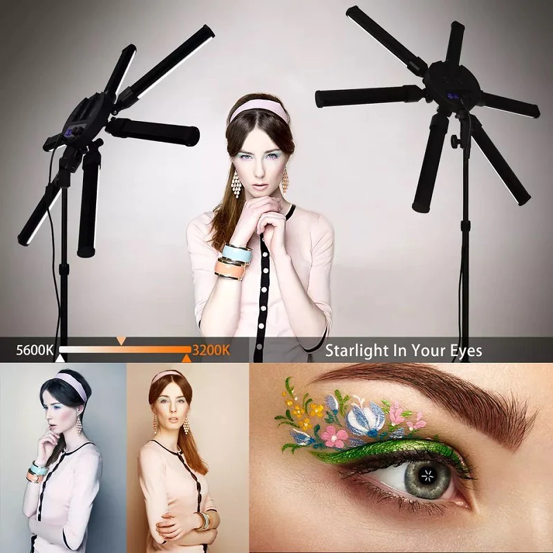 Adjustable LED 6 Star Tube Selfie Ring Light Tripod Stand For Beauty Makeup, Photography (1 x Bag, 1x Phone Holder, 1x Ball Head, 1x Power Adapter, 1x Plug, 1x Manual, 1x Tripod stand) - Black  - Open Box - Image 2