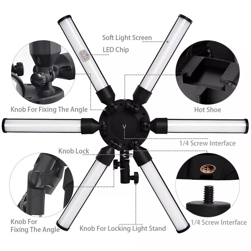 Adjustable LED 6 Star Tube Selfie Ring Light Tripod Stand For Beauty Makeup, Photography (1 x Bag, 1x Phone Holder, 1x Ball Head, 1x Power Adapter, 1x Plug, 1x Manual, 1x Tripod stand) - Black  - Open Box - Image 3