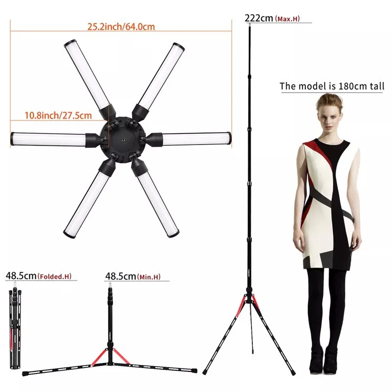 Adjustable LED 6 Star Tube Selfie Ring Light Tripod Stand For Beauty Makeup, Photography (1 x Bag, 1x Phone Holder, 1x Ball Head, 1x Power Adapter, 1x Plug, 1x Manual, 1x Tripod stand) - Black  - Open Box - Image 5
