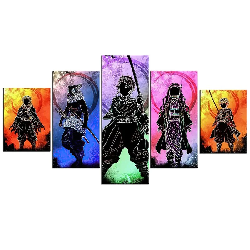 Anime Demon Slayer (Tanjiro Kamado, Kyojuro Rengoku, Nezuko Kamado, Inosuke Hashibira, Zenitsu Agatsuma) 5 Piece Wall Painting Canvas Art Poster (30x50cmx2 / 30x70cmx2 / 30x80cmx1) With Frame For Room & Home Decoration
