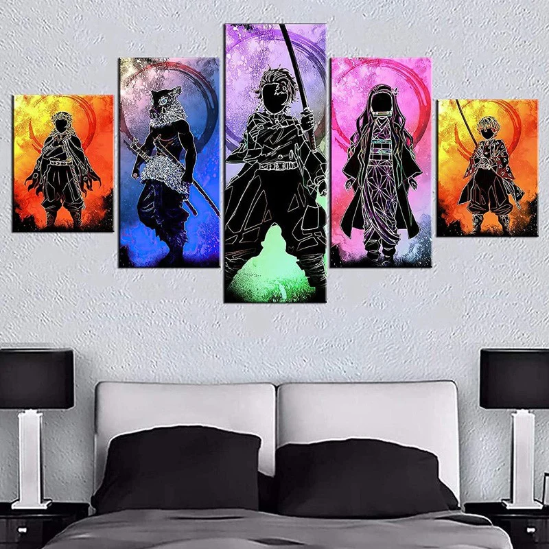 Anime Demon Slayer (Tanjiro Kamado, Kyojuro Rengoku, Nezuko Kamado, Inosuke Hashibira, Zenitsu Agatsuma) 5 Piece Wall Painting Canvas Art Poster (30x50cmx2 / 30x70cmx2 / 30x80cmx1) With Frame For Room & Home Decoration - Image 2