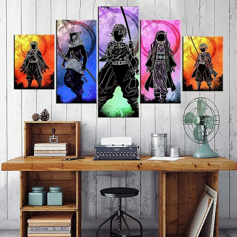 Anime Demon Slayer (Tanjiro Kamado, Kyojuro Rengoku, Nezuko Kamado, Inosuke Hashibira, Zenitsu Agatsuma) 5 Piece Wall Painting Canvas Art Poster (30x50cmx2 / 30x70cmx2 / 30x80cmx1) With Frame For Room & Home Decoration - Image 3