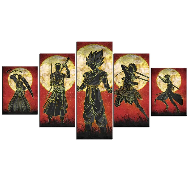 Anime (Dragon Ball, One Piece, Demon Slayer, Attack on Titan - Eren, Kirito) 5 Piece Wall Painting Canvas Art Poster (10x15cmx2 /10x20cmx2 / 10x25cmx1) With Frame For Room & Home Decoration