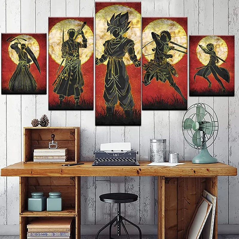 Anime (Dragon Ball, One Piece, Demon Slayer, Attack on Titan - Eren, Kirito) 5 Piece Wall Painting Canvas Art Poster (10x15cmx2 /10x20cmx2 / 10x25cmx1) With Frame For Room & Home Decoration - Image 3