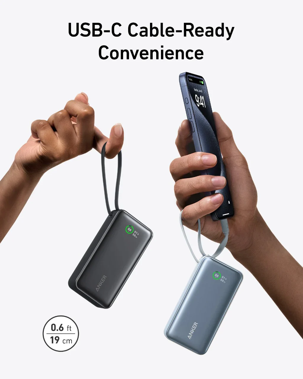 Anker Nano Power Bank (30 W, Built-In USB-C Cable) 10000mAh, PD - Black - Image 2