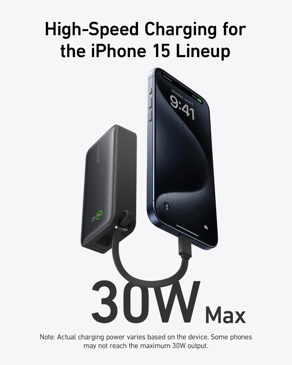 Anker Nano Power Bank (30 W, Built-In USB-C Cable) 10000mAh, PD - Black - Image 3