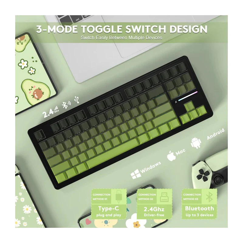 ATTACK SHARK M87PRO Wireless Mechanical Keyboard with Side Printed PBT Keycaps - Gradient Green - Image 2