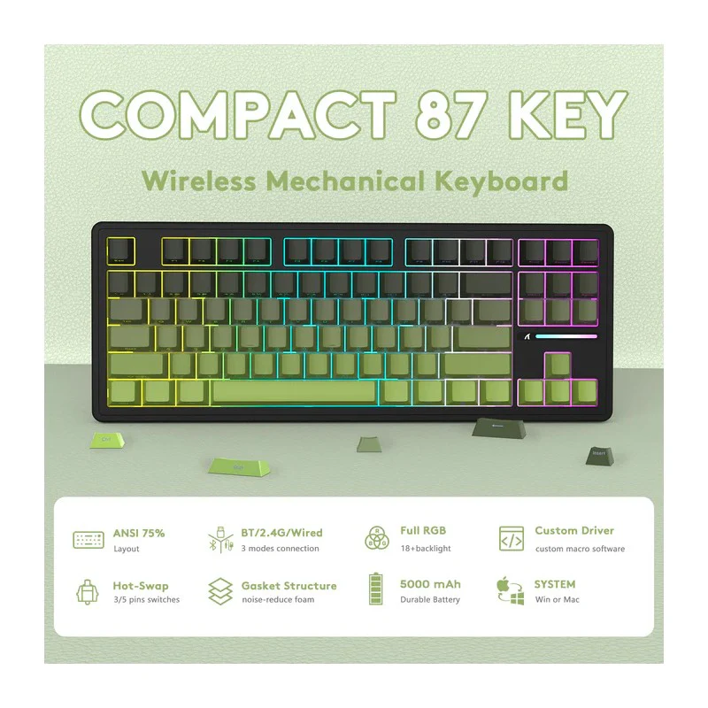 ATTACK SHARK M87PRO Wireless Mechanical Keyboard with Side Printed PBT Keycaps - Gradient Green - Image 3