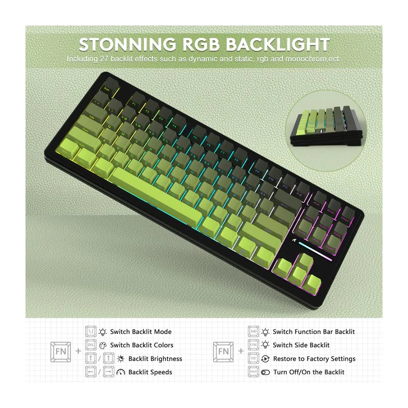 ATTACK SHARK M87PRO Wireless Mechanical Keyboard with Side Printed PBT Keycaps - Gradient Green - Image 6