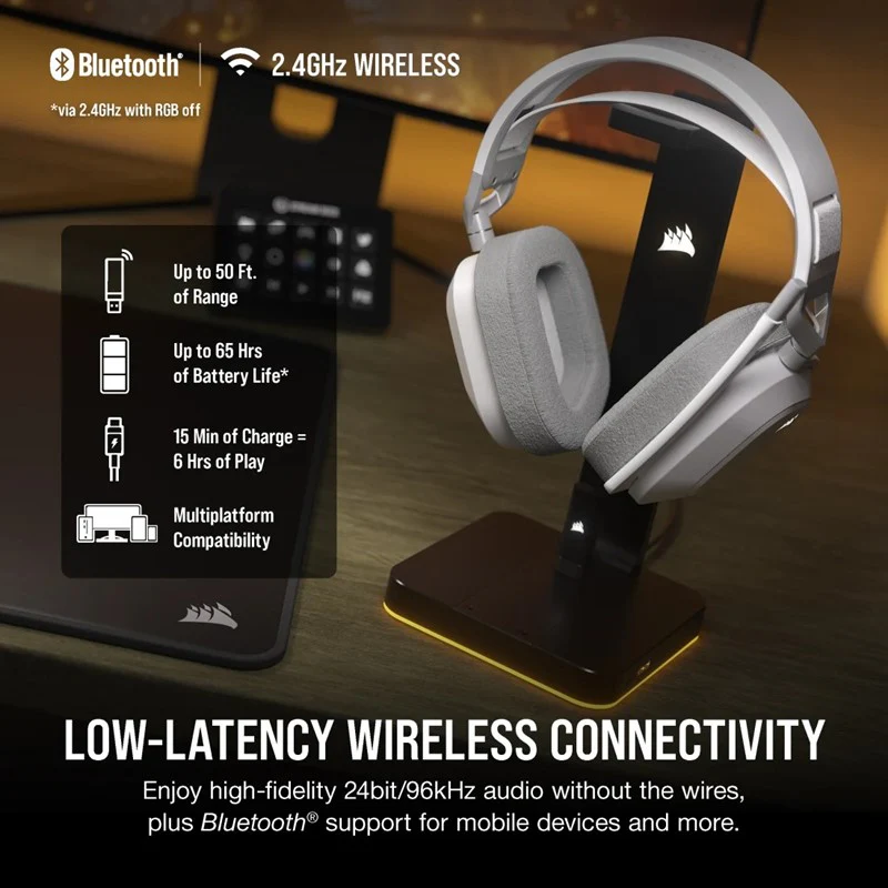 Corsair HS80 MAX Wireless/ Bluetooth Gaming Headset for PC, PS5, Switch & Mobile - White - Image 2