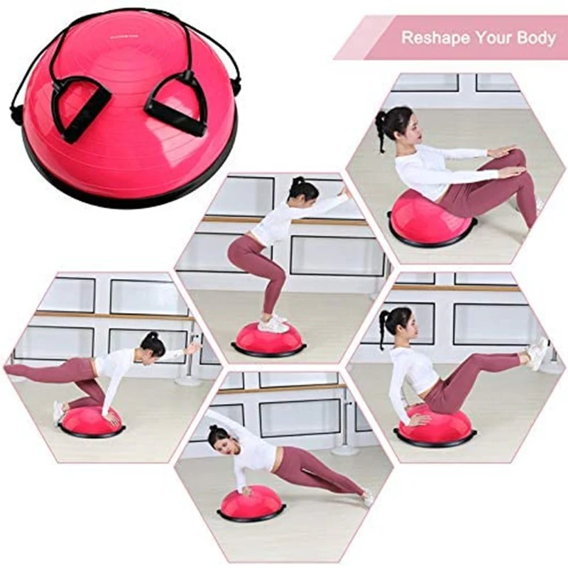 Exercise Trainer Yoga Balance Ball Half Ball with Resistance Bands Home Fitness Ball Weight Loss Pilates Ball with Foot Pump Yoga Equipment-Pink - Image 5