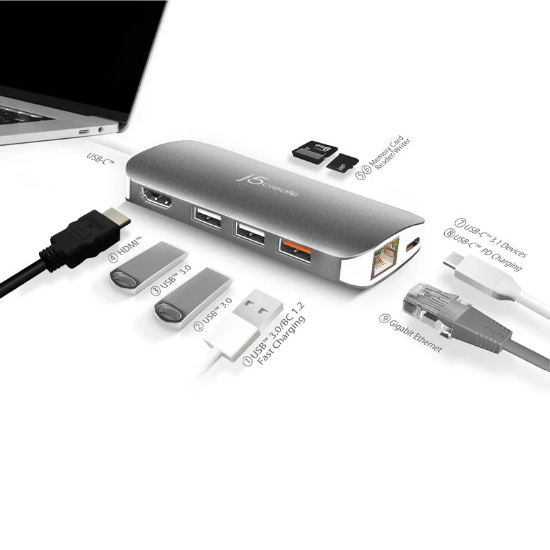 j5create JCD383 USB-C 9-in-1 Multi Adapter, Silver and White - Image 5
