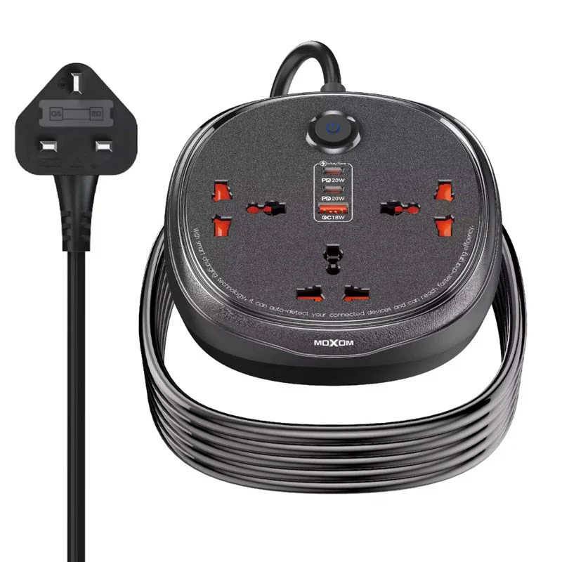 MOXOM 3 Universal Sockets, 2 Type C and Type A USB Ports - 3 M Cable