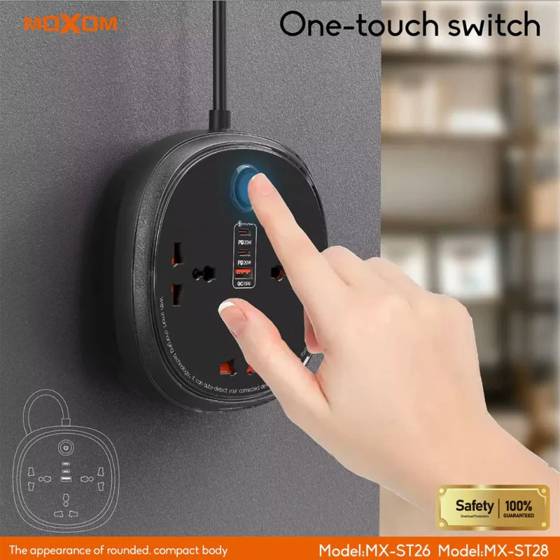 MOXOM 3 Universal Sockets, 2 Type C and Type A USB Ports - 3 M Cable - Image 2