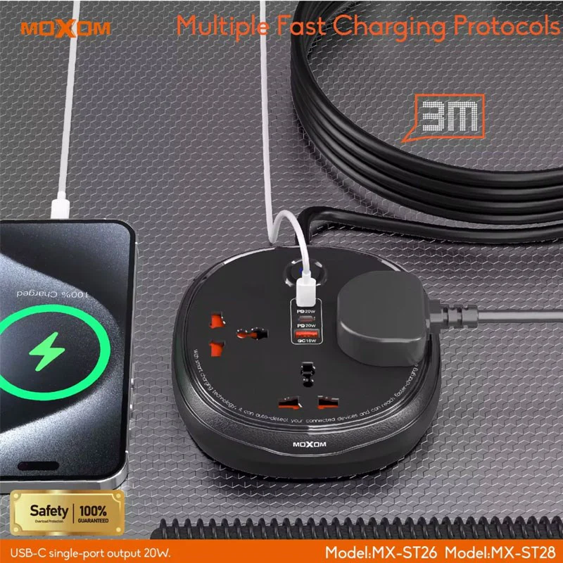MOXOM 3 Universal Sockets, 2 Type C and Type A USB Ports - 3 M Cable - Image 3