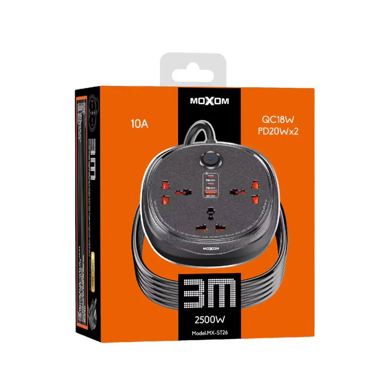MOXOM 3 Universal Sockets, 2 Type C and Type A USB Ports - 3 M Cable - Image 4