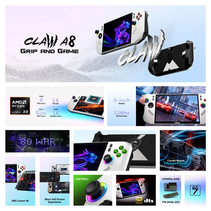 MSI Claw A8 BZ2EM-070US Handheld Portable Gaming Console, 8" FHD, 120Hz Touchscreen, AMD Ryzen Z2 Extreme 8-Core, RAM 24GB LPDDR5x, SSD 1TB NVMe PCIe 4.0, Windows 11 Home - White - Image 2