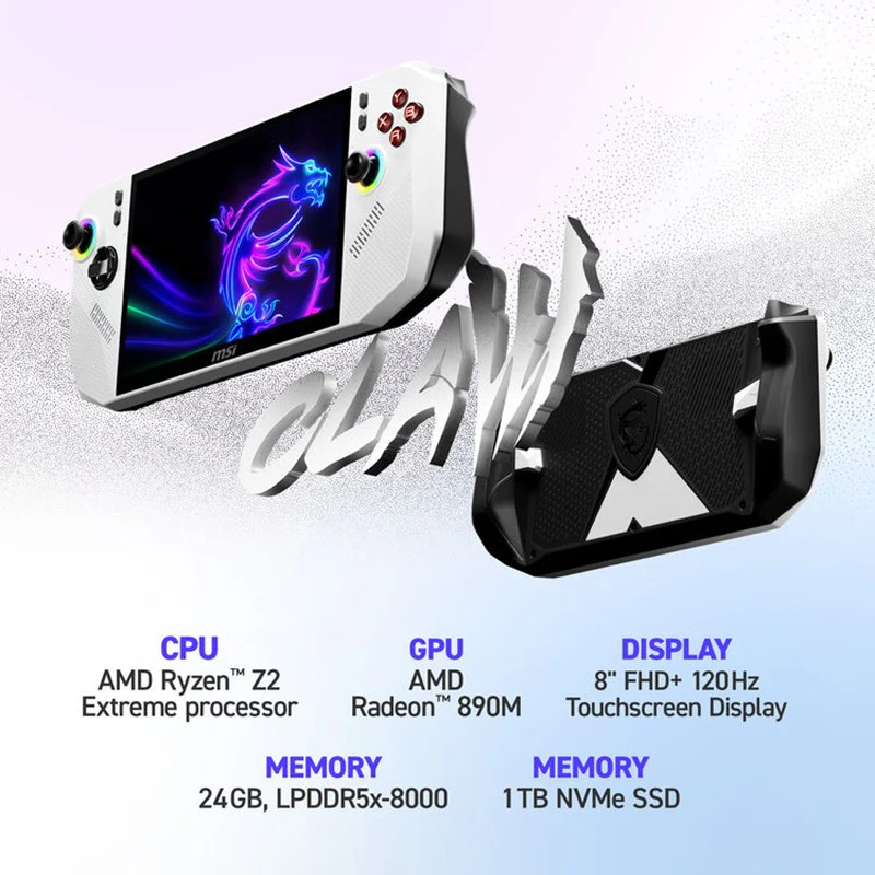 MSI Claw A8 BZ2EM-070US Handheld Portable Gaming Console, 8" FHD, 120Hz Touchscreen, AMD Ryzen Z2 Extreme 8-Core, RAM 24GB LPDDR5x, SSD 1TB NVMe PCIe 4.0, Windows 11 Home - White - Image 6