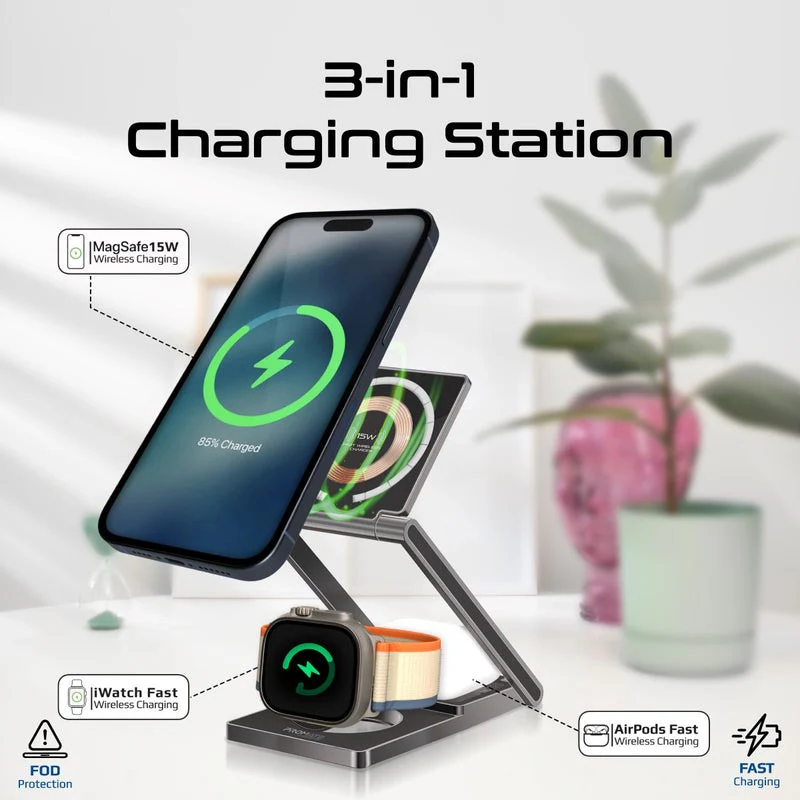 Promate 3 in 1 Ultra-Slim Foldable 15W MagSafe Wireless Charger - Image 2