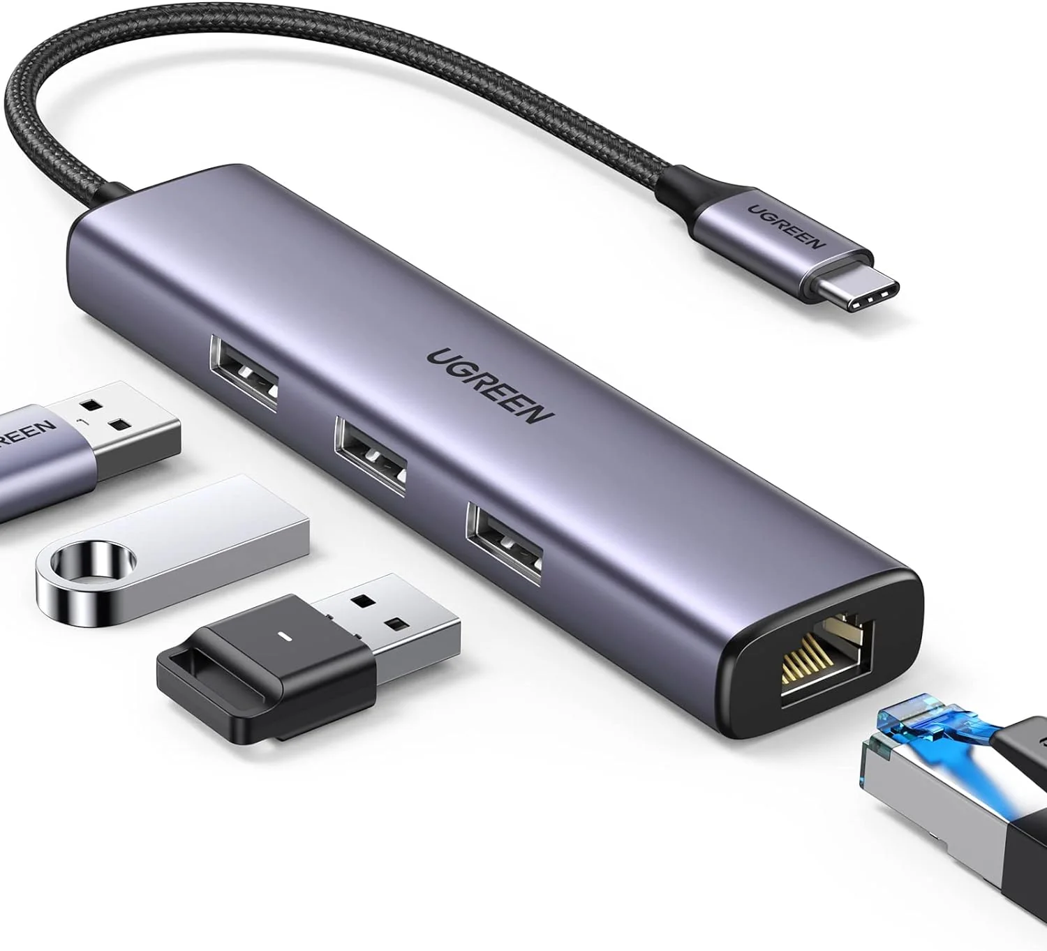 Ugreen multifunctional adapter HUB USB 3.0 - 3 x USB / Ethernet RJ-45 / USB Type C PD gray