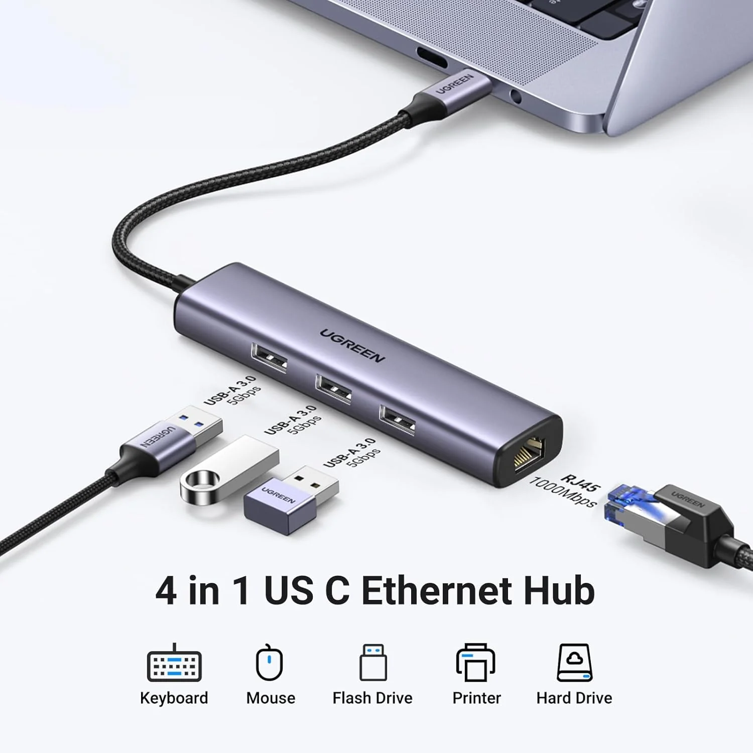 Ugreen multifunctional adapter HUB USB 3.0 - 3 x USB / Ethernet RJ-45 / USB Type C PD gray - Image 2