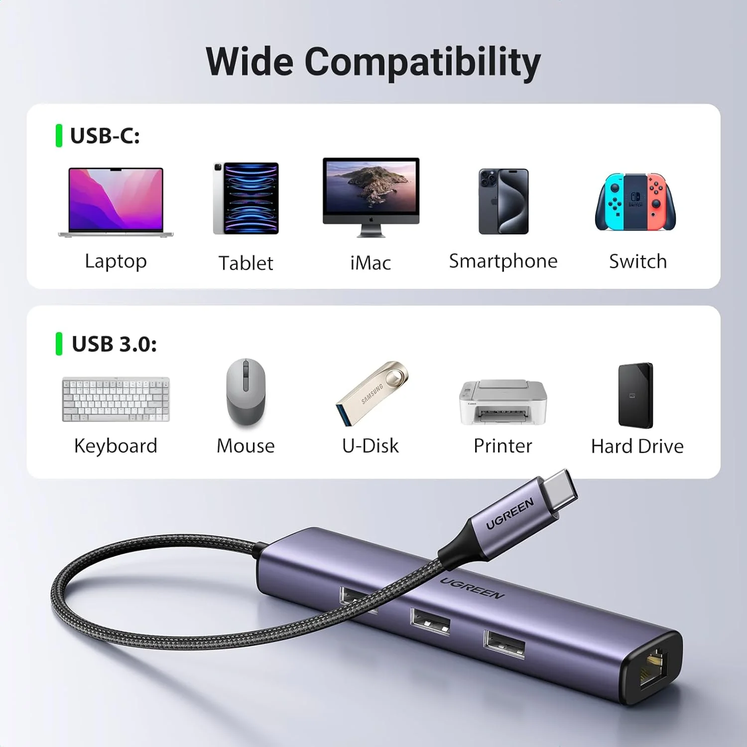 Ugreen multifunctional adapter HUB USB 3.0 - 3 x USB / Ethernet RJ-45 / USB Type C PD gray - Image 3