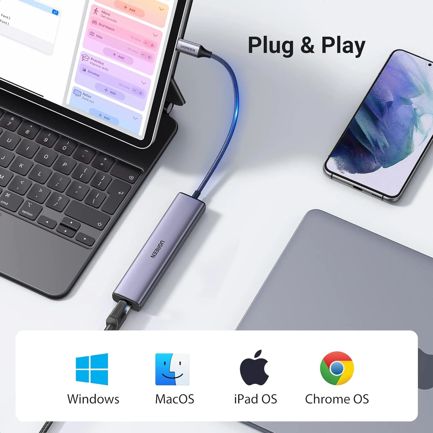 Ugreen multifunctional adapter HUB USB 3.0 - 3 x USB / Ethernet RJ-45 / USB Type C PD gray - Image 4